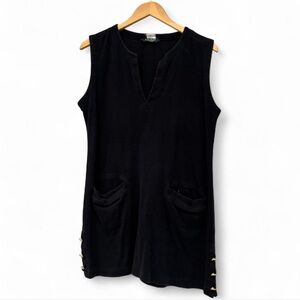 Sleeveless V-neck Black Dress with Pockets & Gold Buttons